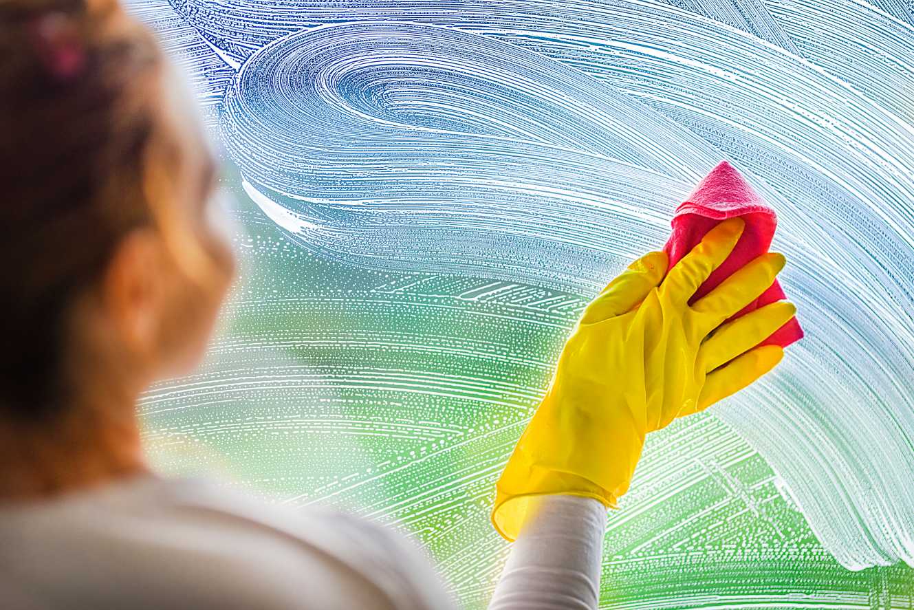White paint pattern over glass  window. Woman cleaning and make smears, smudges on windows from foam with hand and yellow rubber gloves.